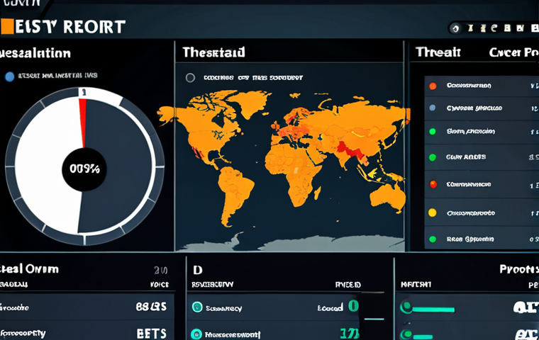 **"A detailed security report dashboard, displaying threat levels, IoCs, and real-time network activity. The interface should be clean and professional, with data visualizations representing different types of cyber threats. Example, use Polish cybersecurity company logo and colors."**