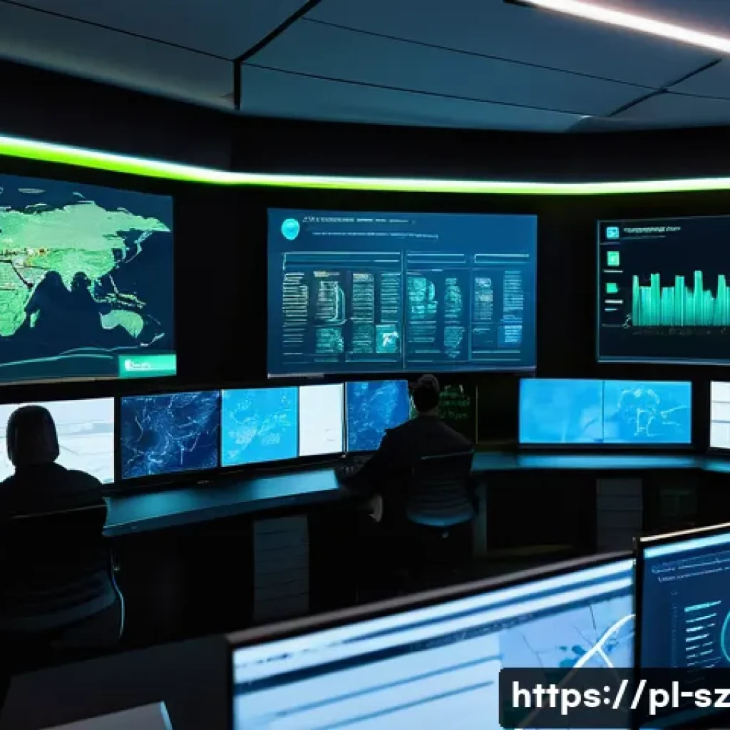 비즈니스 연속성을 위한 지능형 위협 탐지 시스템 - A futuristic cybersecurity operations center with multiple large digital screens displaying real-tim...