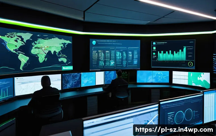 비즈니스 연속성을 위한 지능형 위협 탐지 시스템 - A futuristic cybersecurity operations center with multiple large digital screens displaying real-tim...
