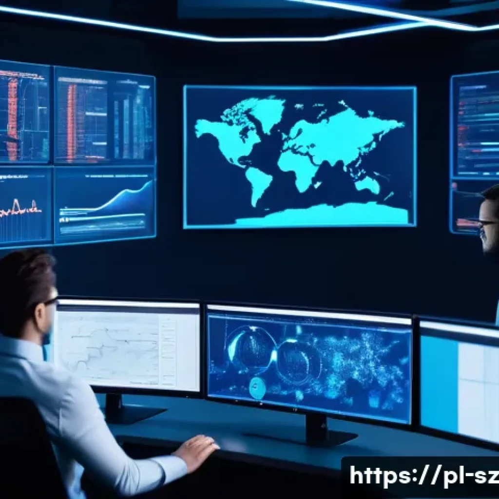 지능형 위협 탐지 시스템의 통계적 분석 기법 - A high-tech cybersecurity control room with multiple large screens displaying real-time network traf...