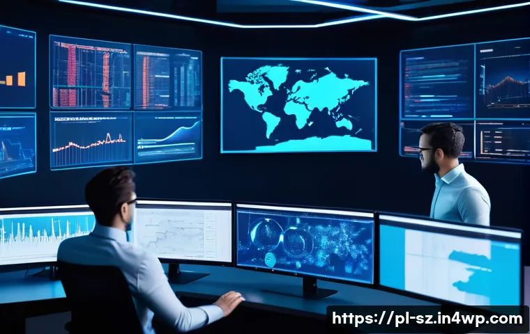 지능형 위협 탐지 시스템의 통계적 분석 기법 - A high-tech cybersecurity control room with multiple large screens displaying real-time network traf...