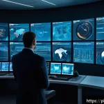 Home 21 정보보안에서 지능형 위협 탐지 시스템의 중요성 - A futuristic cybersecurity operations center with diverse IT professionals monitoring multiple large...