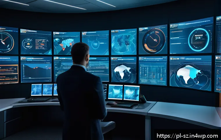 정보보안에서 지능형 위협 탐지 시스템의 중요성 - A futuristic cybersecurity operations center with diverse IT professionals monitoring multiple large...