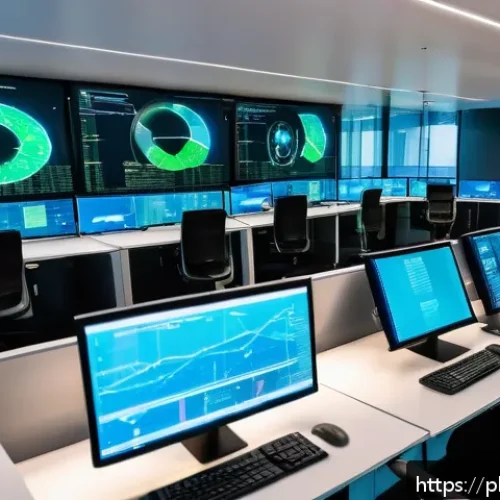 Home 31 지능형 위협 탐지 시스템의 모듈화 설계 - A high-tech cybersecurity control room in a modern Warsaw office building, featuring diverse IT prof...