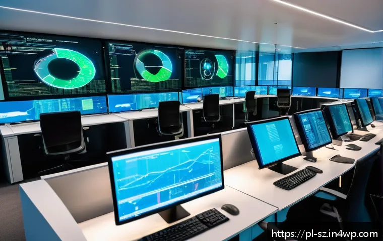 지능형 위협 탐지 시스템의 모듈화 설계 - A high-tech cybersecurity control room in a modern Warsaw office building, featuring diverse IT prof...