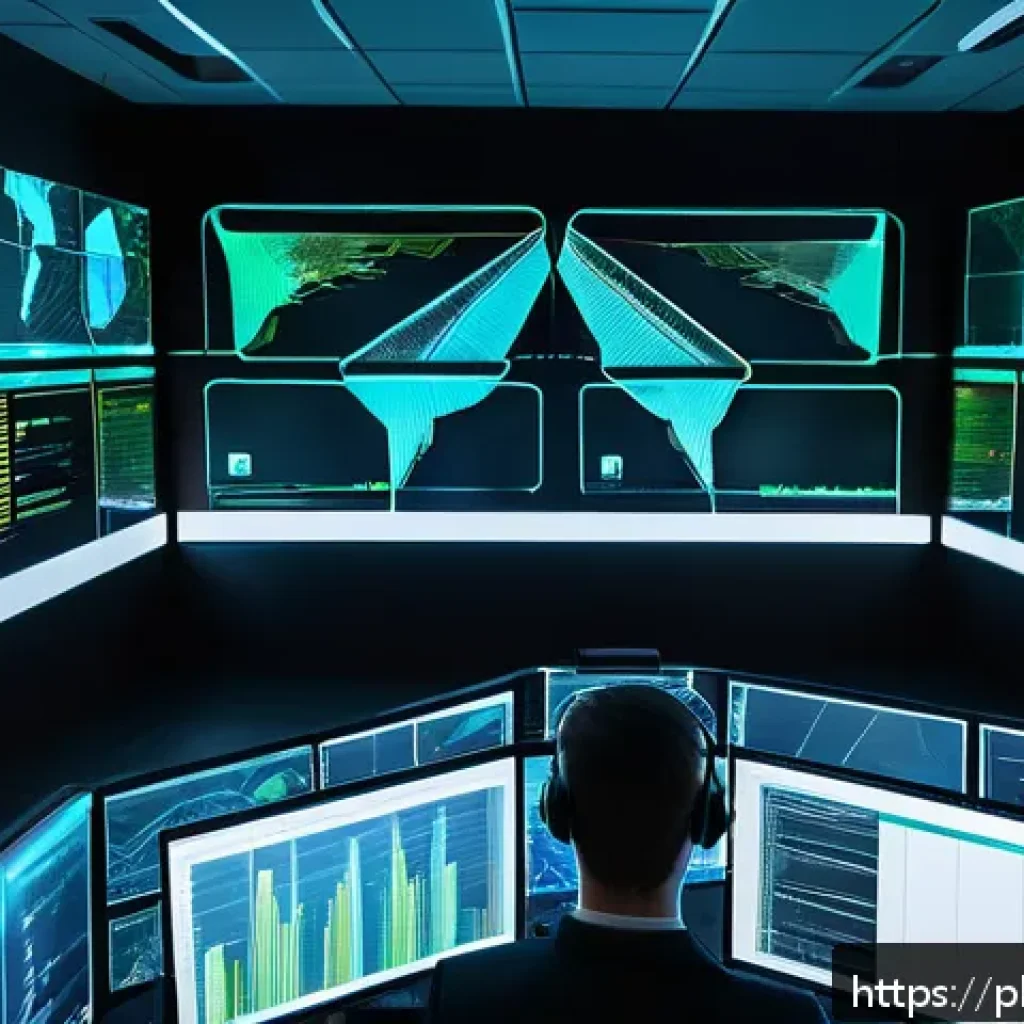 지능형 위협 탐지 시스템의 성능 최적화 전략 - A futuristic cybersecurity operations center (SOC) with diverse professionals analyzing multiple lar...