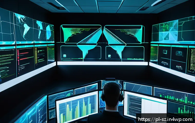지능형 위협 탐지 시스템의 성능 최적화 전략 - A futuristic cybersecurity operations center (SOC) with diverse professionals analyzing multiple lar...